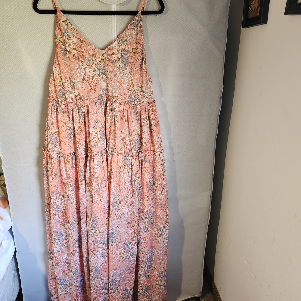 V-Neck Coral Floral Tiered Maxi Dress with Spaghetti Straps